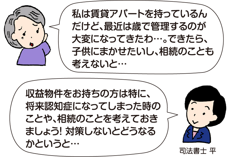 高齢の女性：「私は賃貸アパートを持っているんだけど、最近は歳で管理するのが大変になってきたわ…。できたら、子供にまかせたいし、相続のことも考えないと…」 司法書士 平：「収益物件をお持ちの方は特に、将来認知症になってしまった時のことや、相続のことを考えておきましょう！対策しないとどうなるかというと…」