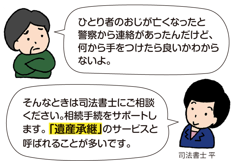 警察から連絡を受け、ひとり暮らしの親族の死亡対応に困っている男性と、説明する司法書士のイラスト 男性：「ひとり暮らしのおじが亡くなったと警察から連絡があったんだけど、何から手をつけたら良いかわからないよ。」 司法書士 平： 「そんなときは司法書士にご相談ください。相続手続をサポートします。『遺産承継』のサービスと呼ばれることが多いです。」